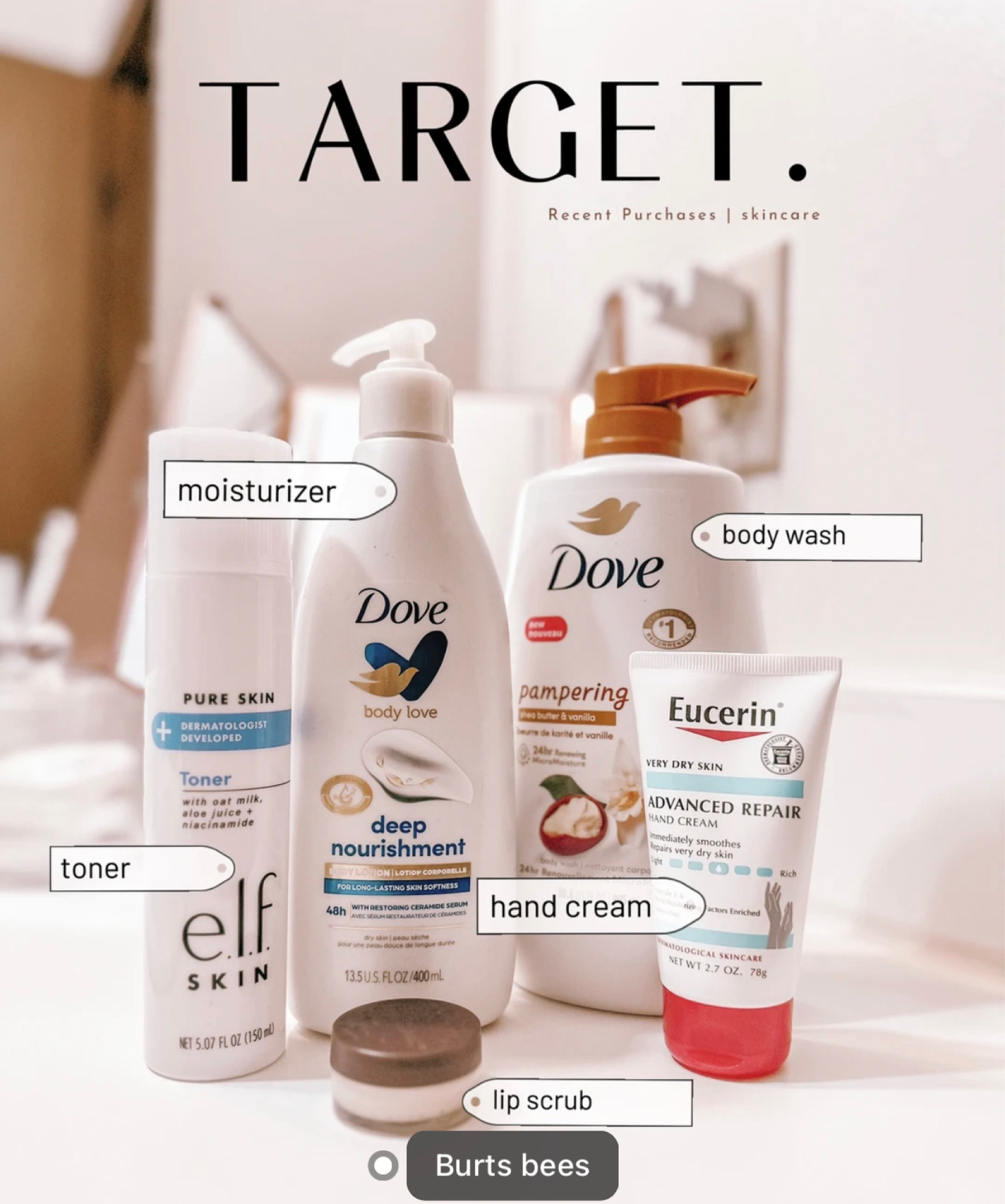 My recent target purchases from the skincare / beauty aisle. ✨ Target finds, skincare routine, body care, moisturizer, lip scrub, toner, elf cosmetics, Dove, Eucerin hand cream, Burt’s Bees. Self care, spa day.

#LTKunder50 #LTKbeauty