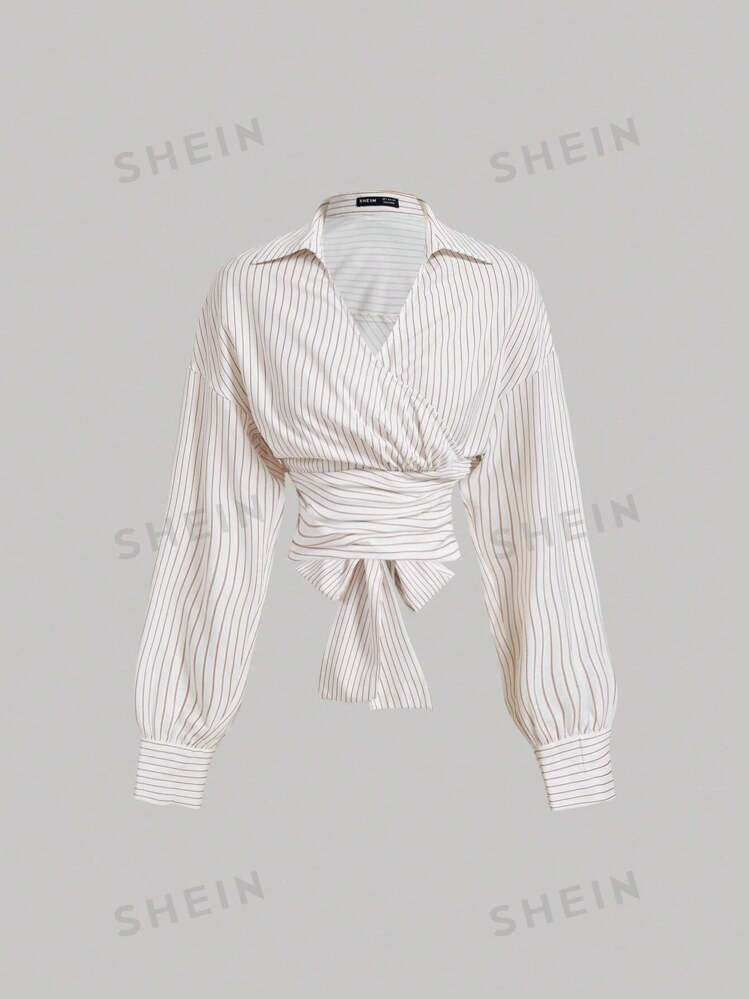 SHEIN MOD White & Khaki Striped Asymmetric Wrapped Long Sleeve Shirt With Criss-Cross Design & Bo... | SHEIN