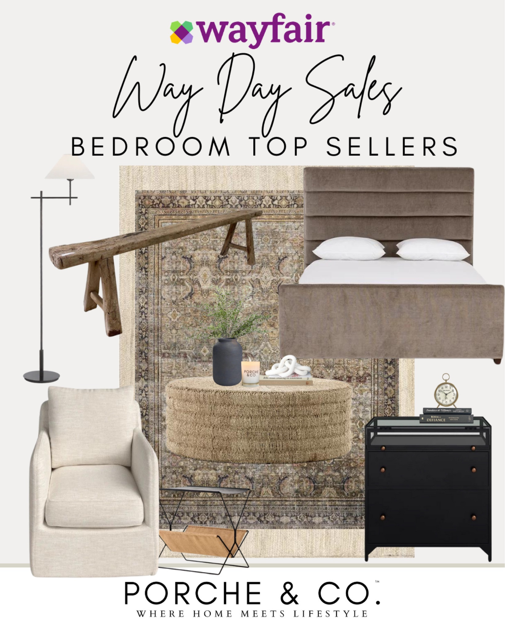 Way Day @Wayfair best sellers styled mood board in Emily’s bedroom & sunroom - home decor and furnishings on a major sale! Bed, bench, rugs, nightstands and more at up to 80% off 🤍 Free Shipping 🙌🏻 Shop Way Day in-store or online! #wayfair #wayfairpartner #bedroom #bed 

#LTKHome #LTKSaleAlert #LTKStyleTip