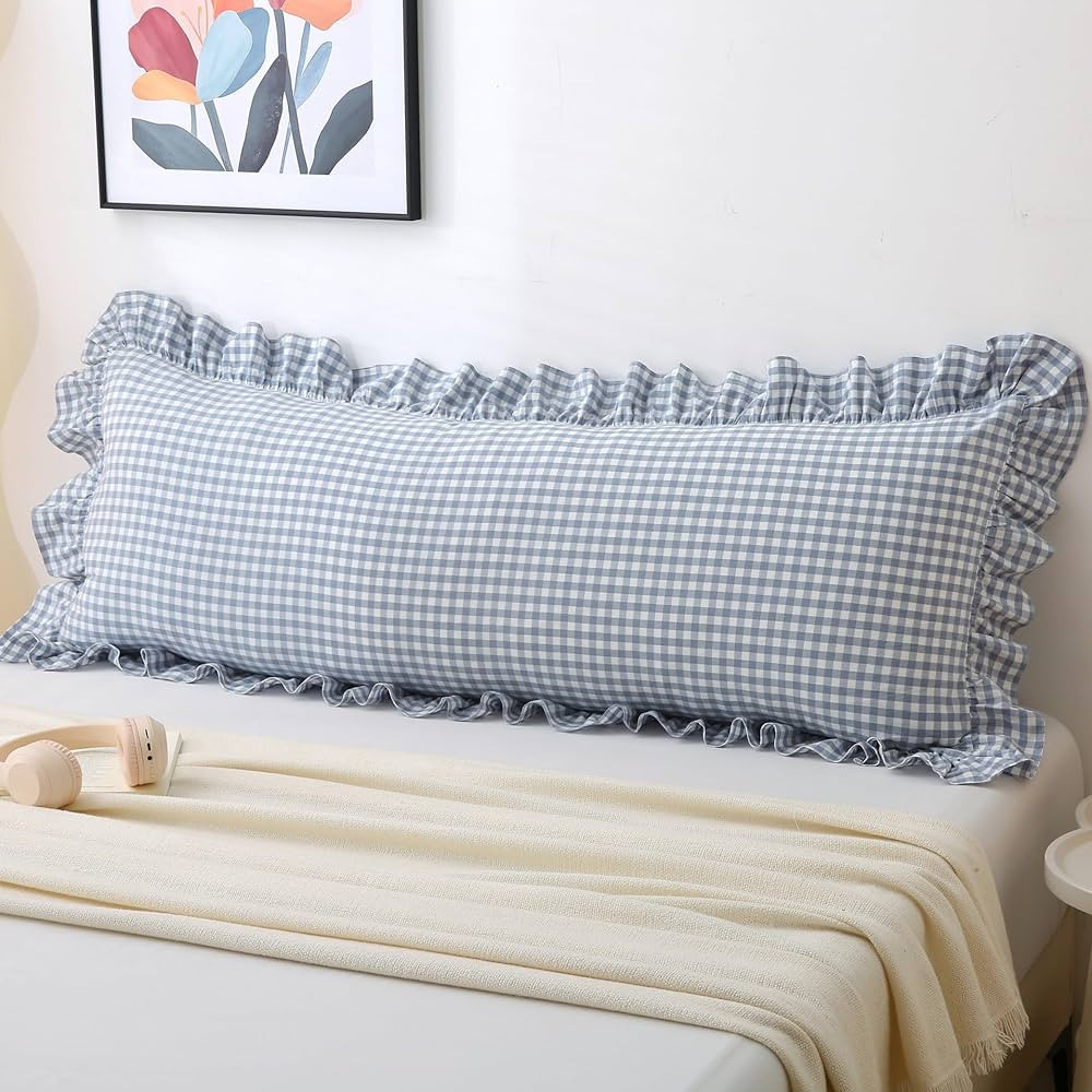Vintage Gingham Ruffled Pillow Sham 20x54 Inches -Light Blue/White Plaid Farmhouse Decor | 100% W... | Amazon (US)