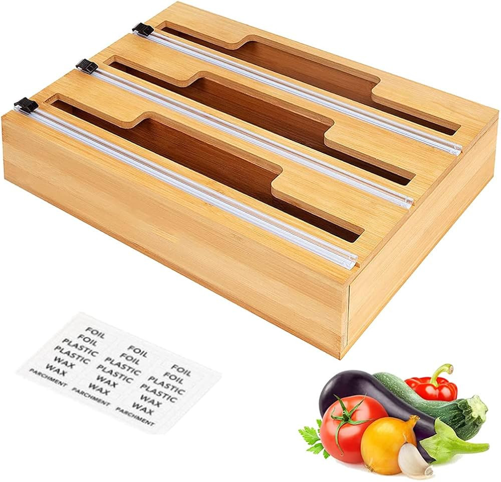 Bamboo Wood Wrap Dispenser Organizer Wooden with Cutter Dispenser Plastic Slide Multi-Boxes Desig... | Amazon (CA)