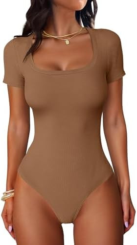 ANRABESS Bodysuits for Women Short Sleeve Scoop Neck Tops 2026 Summer Slim Fit Ribbed Knit Sexy B... | Amazon (US)