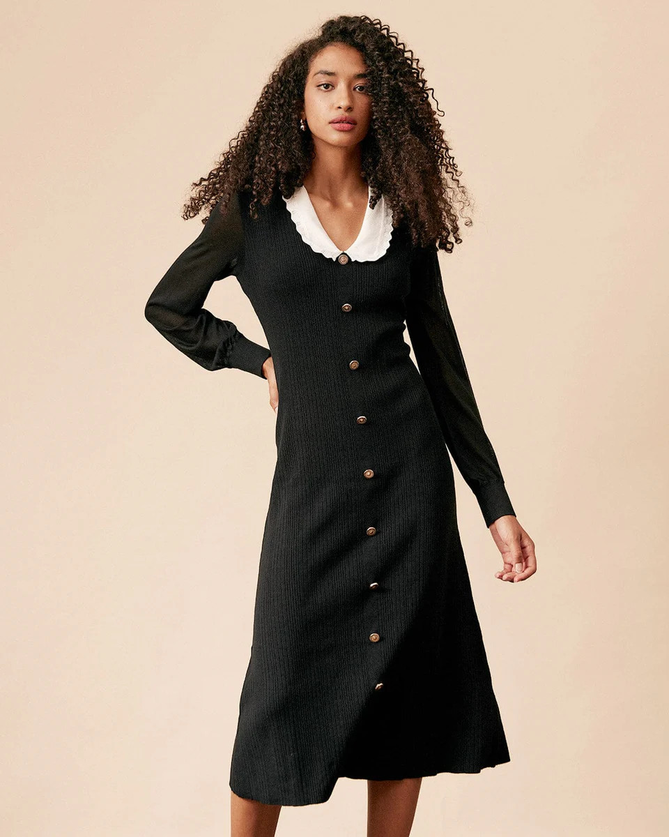 The Color Block Long Sleeve Knit Midi Dress & Reviews - Black - Dresses | RIHOAS | rihoas.com