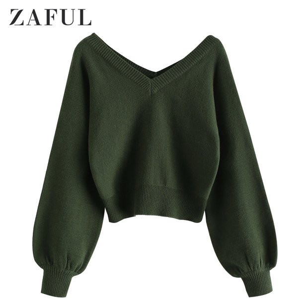 ZAFUL Women's Double V-Neck Long Sleeve Crop Loose Pullover Sweater Medium Sea Green S - Walmart.... | Walmart (US)