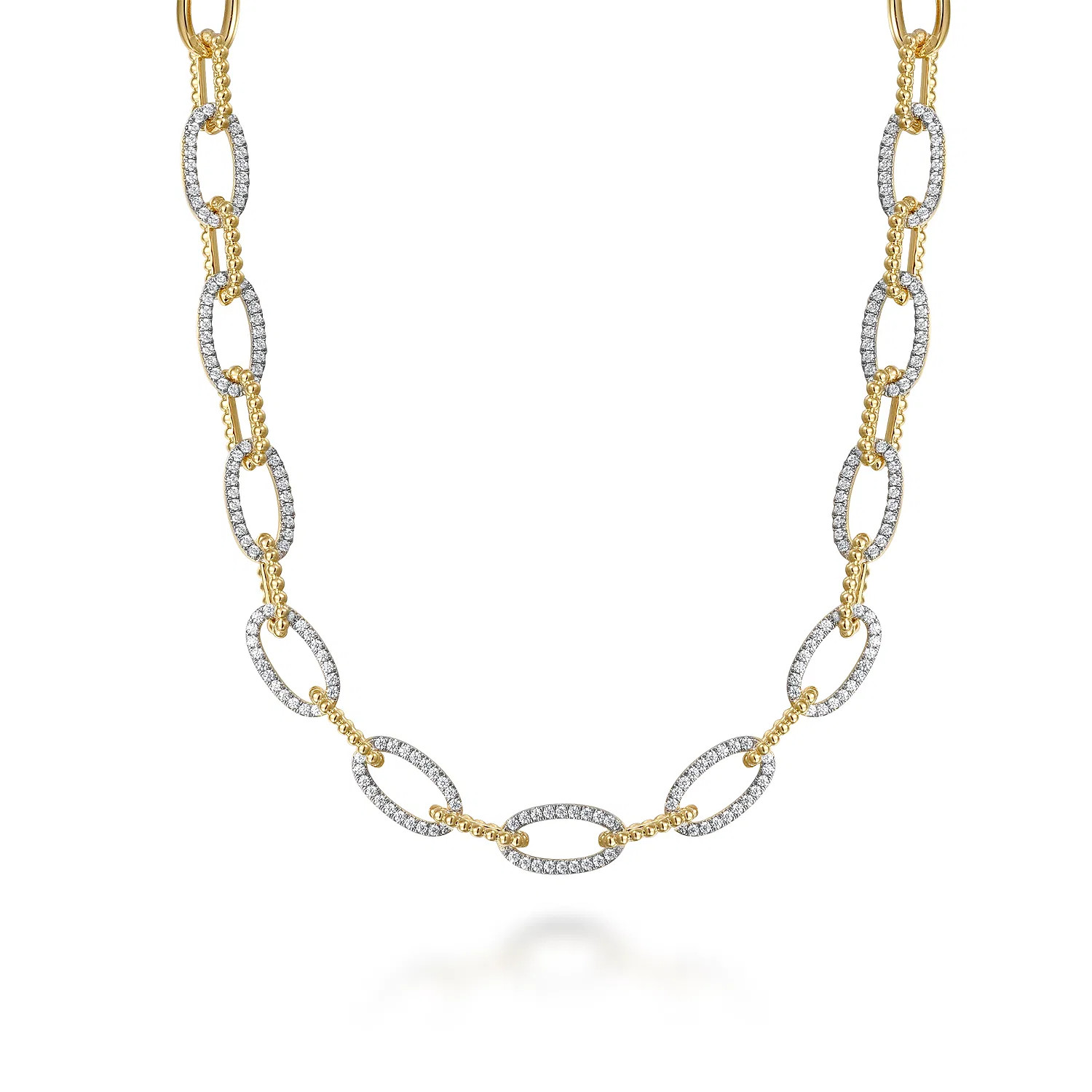14K Yellow Gold Oval Link Chain Necklace with Pave Diamond Link Stations | Gabriel & Co. Fine Jewelry And Bridal