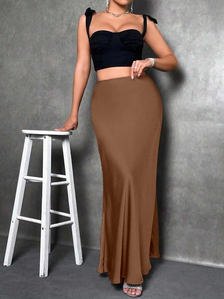 Glamine Women's Satin Floor-Length Mermaid Skirt, Versatile Daily Wear Brown Skirt | SHEIN
