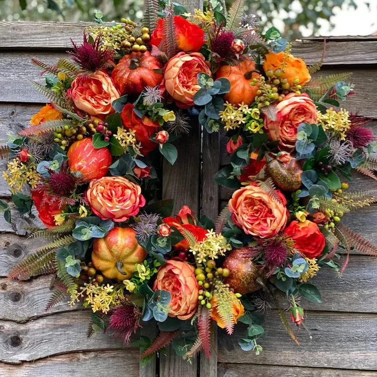 Fall Peony and Pumpkin Wreath, Autumn Year Round Wreaths for Front Door, Artificial Fall Wreath, ... | Walmart (US)