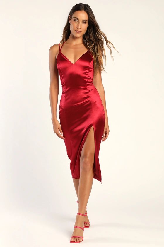 Magnificent Muse Red Satin Strappy Sleeveless Bodycon Midi Dress | Lulus (US)