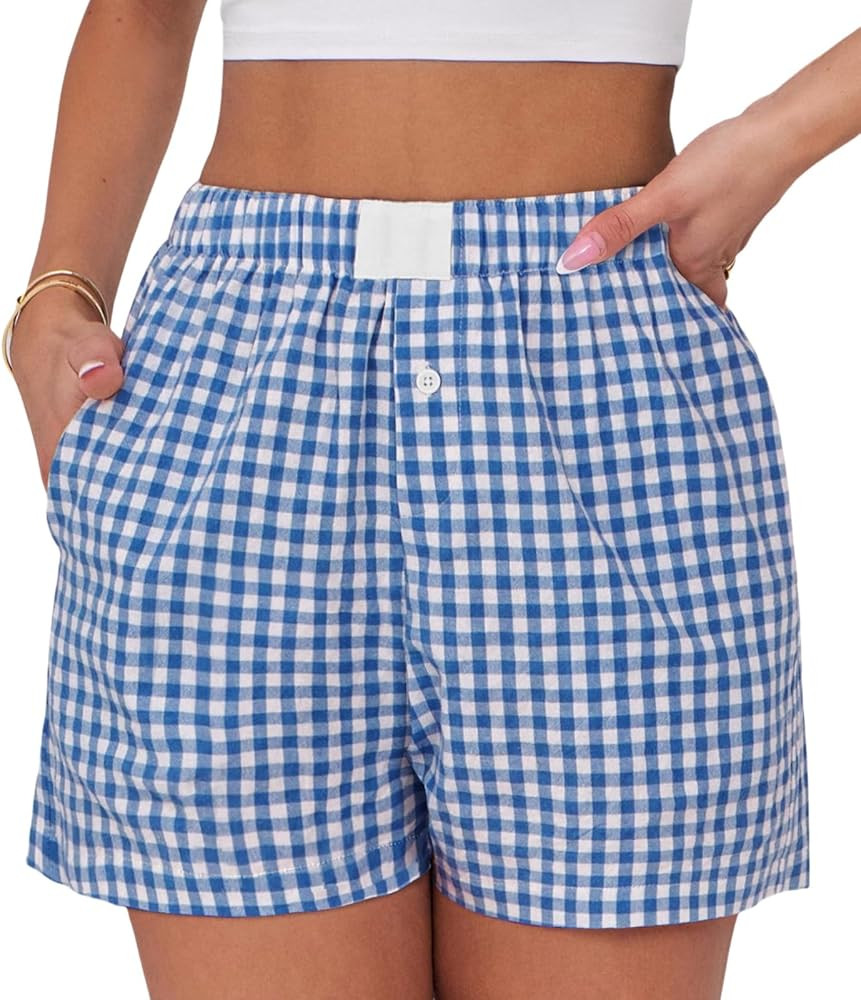 Womens Boxer Shorts Cotton Summer Casual Pajama Y2K Sleep Gingham Plaid Shorts Bottom with Pocket... | Amazon (US)