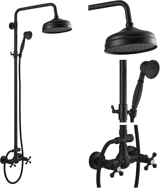 gotonovo Matte Black Exposed Shower Faucet Set 8 Rain Shower with Handheld Spray 2 Double Knobs H... | Amazon (US)