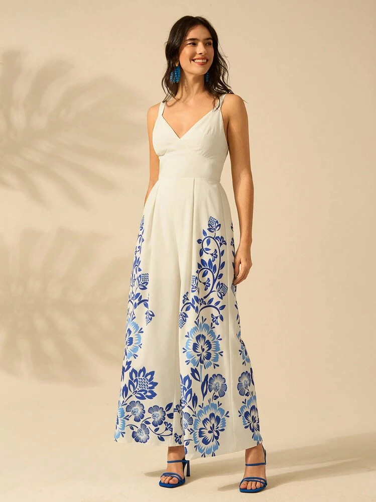 CAJUNI Women's Vacation Casual Summer Suspender Boho Tropical Blue Print White Wide Leg Romper | SHEIN