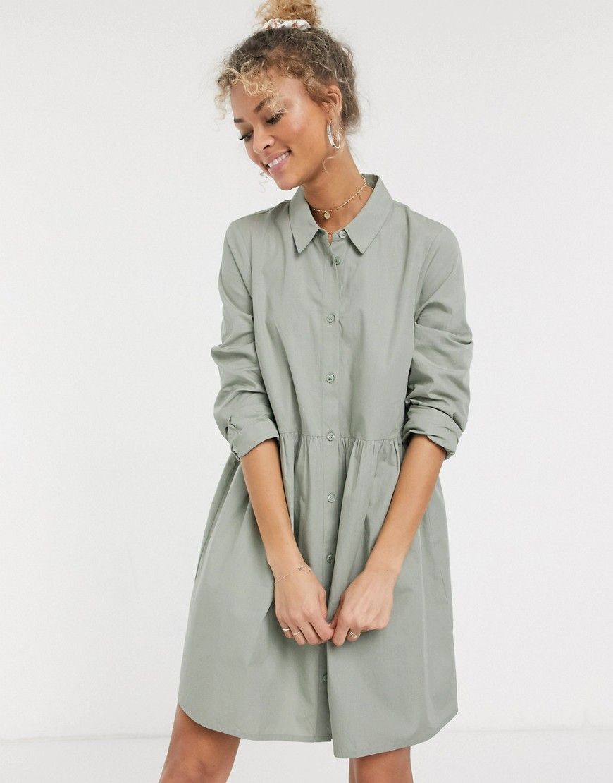 ASOS DESIGN cotton mini smock shirt dress in khaki-Green | ASOS (Global)