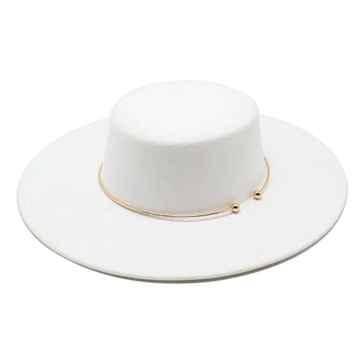 Women Men Fedora Hat Felt Hat Metal Decor Classic Flat Top Jazz Cap Personalized Wide Brim Top Hat | SHEIN