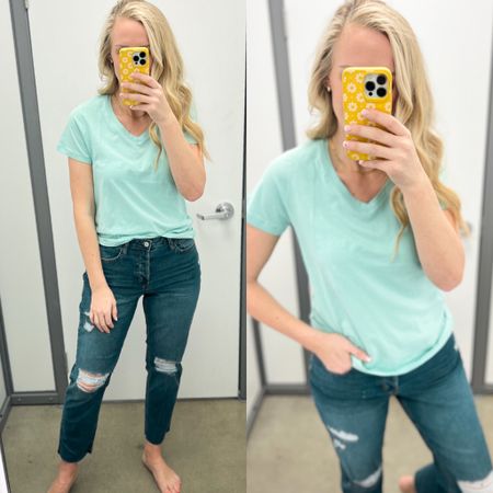 Clearance $4 basic tee at Walmart! Perfect for spring! I’m wearing a size small. New 90’s boyfriend jeans in the dark wash, size up 1-2 sizes. 

#LTKsalealert #LTKstyletip #LTKunder50