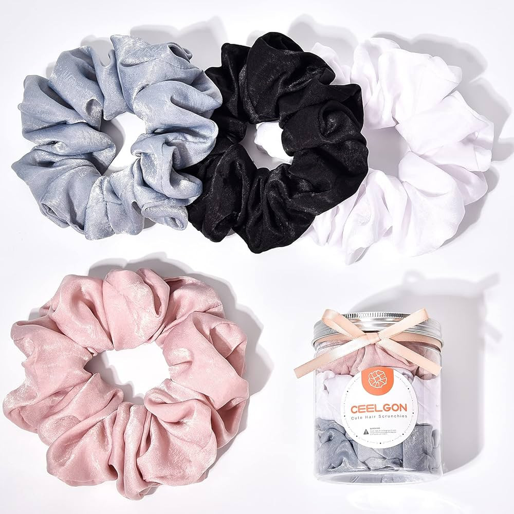 XL Big Silk Scrunchies Hair Ties for Women - CEELGON Oversized Black Satin Silk Scrunchie Exra La... | Amazon (US)