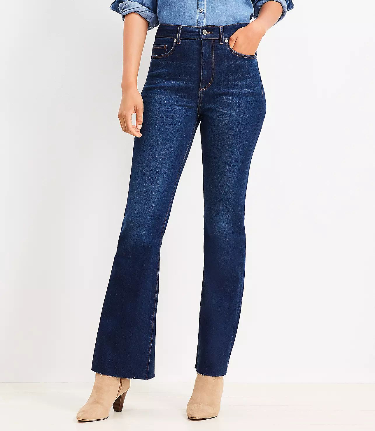 Petite Fresh Cut High Rise Slim Flare Jeans in Dark Wash | LOFT