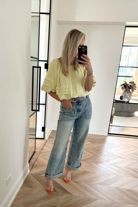 Date night style! I actually wore this for girls night! Did a small in top and 26 in jeans! 
Heels are Amazon! 😍

Spring outfits. Yellow. Spring tops. 

#LTKstyletip #LTKfindsunder100 #LTKSeasonal