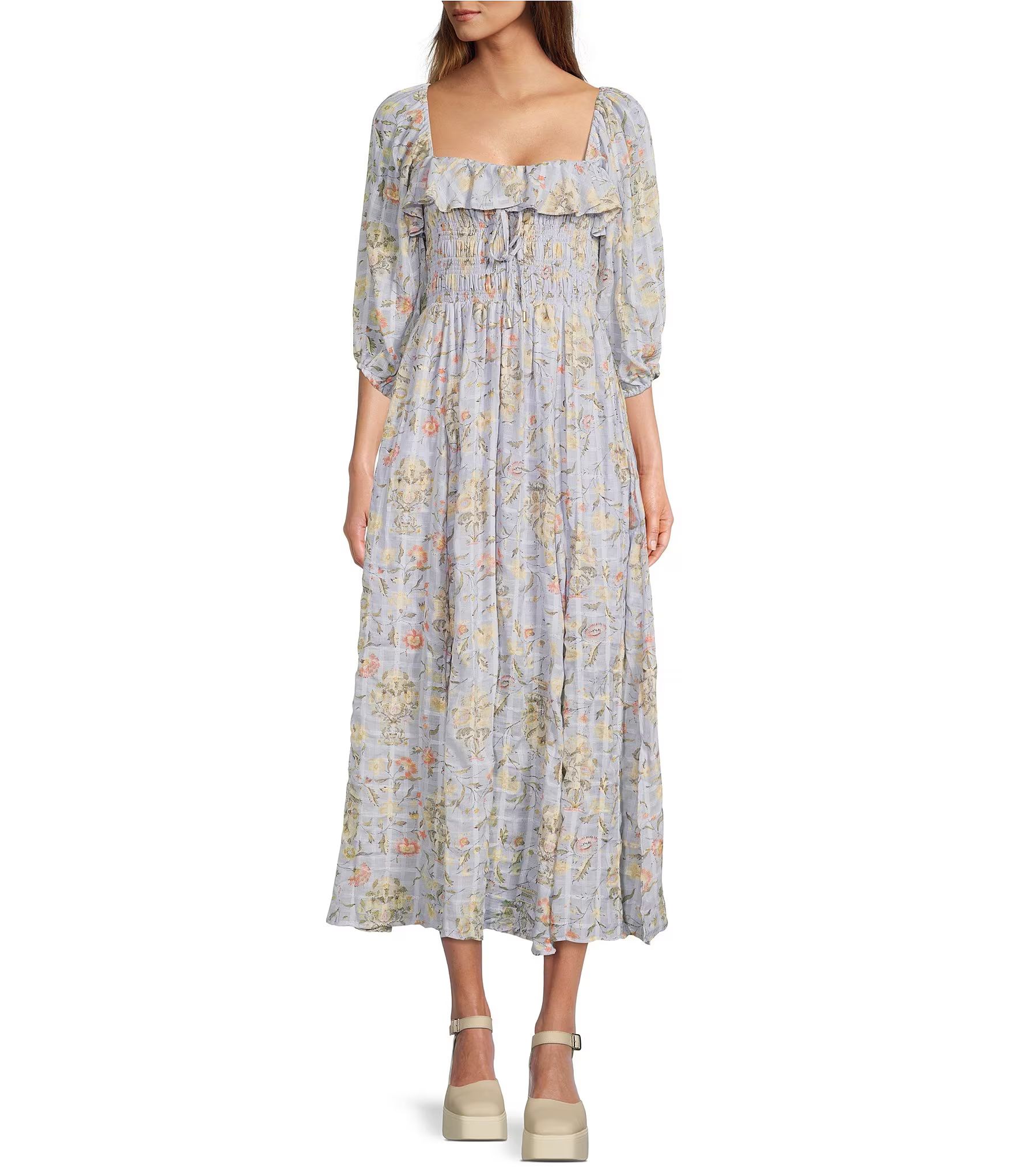 Oasis Floral Print Square Neck 3/4 Blouson Sleeve Smocked A-Line Midi Dress | Dillard's
