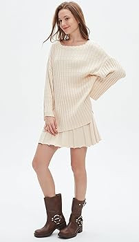 Womens Sweater Skirt Set Oversized Casual Loose Knit Sweater Pleated A Line Mini Skirt 2 Piece Ou... | Amazon (US)