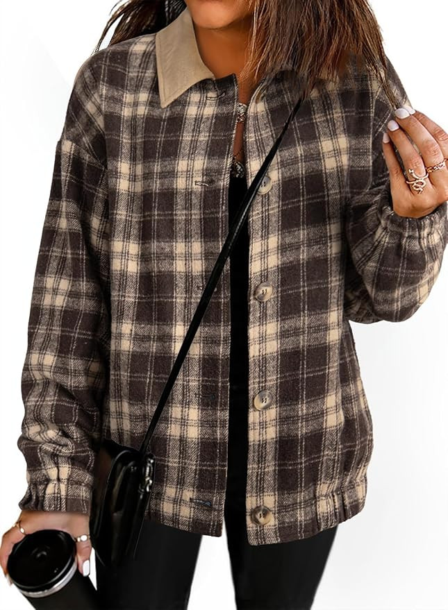 Dokotoo Womens Flannel Plaid Shacket Jackets Corduroy Collar Long Sleeve Button Down Fleece Jacke... | Amazon (US)