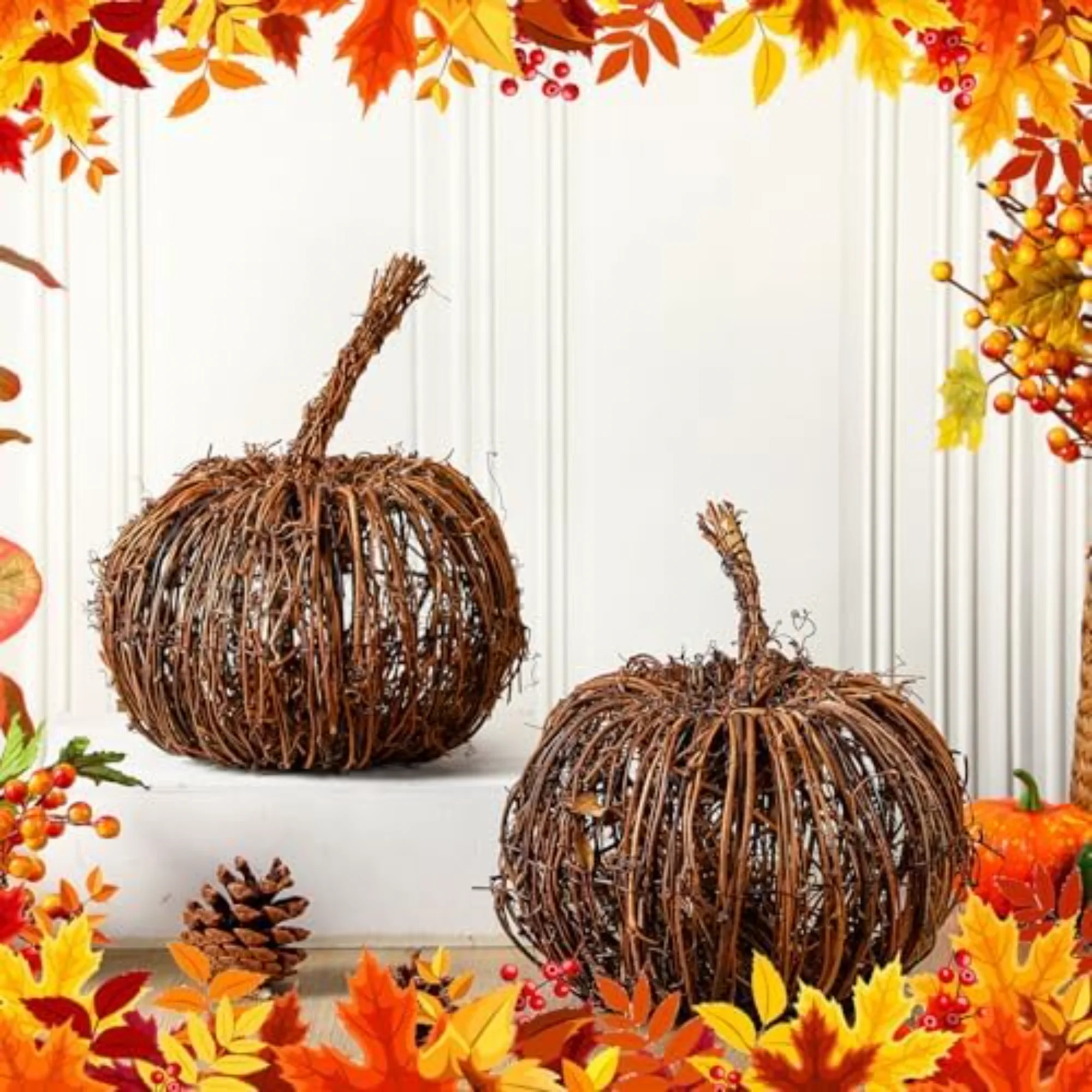 2 Pcs Artificial Wicker Rattan Pumpkin Fall Halloween Decorations For Table Centerpieces Decor For Autumn Harvest Thanksgiving Farmhouse Home Tabletop | Wayfair North America