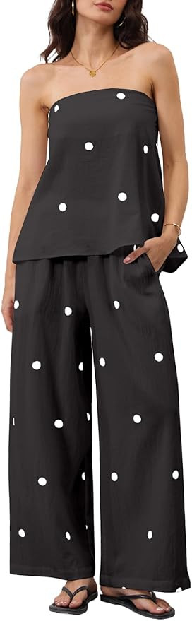 Women 2 Piece Polka Dot Tube Top Set Strapless Bandeau Blouse Wide Leg Spot Print Pants Outfits S... | Amazon (US)
