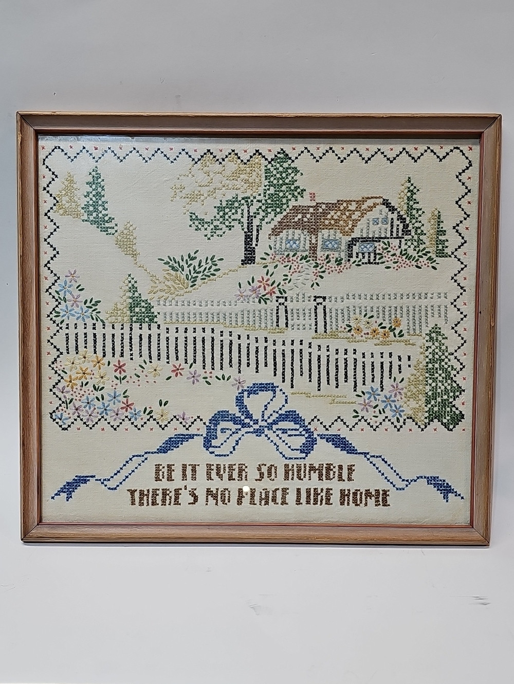 Vintage Framed Cross Stitch Sampler with Cottage Scene and Quote | Poshmark