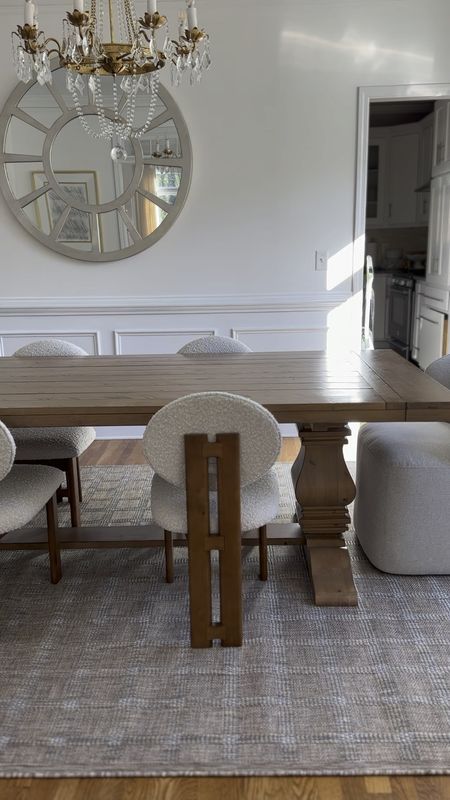 I used an indoor/outdoor rug in my dining room. I love the design, and that it’s easy to clean. 




Modern organic, boucle, dining chairs, loloi, farmhouse dining table, chandelier 

#LTKHome