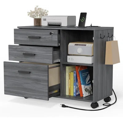 3-Drawer Wood File Cabinet With USB Charging Port & Lock - Mobile Printer Stand (Open Shelves, Lockable Wheels, Livingroom/Home Office Furniture) | Wayfair North America