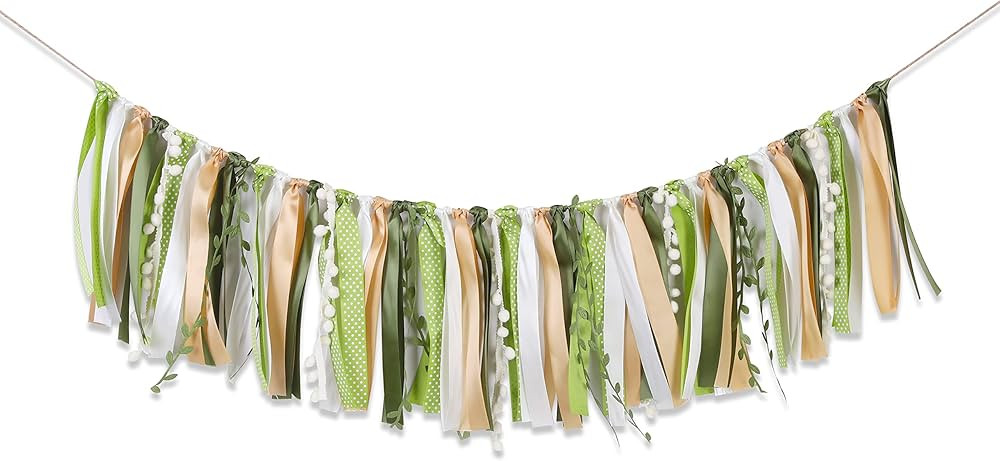 Greenery Ivory Gold Ribbon Garland - Fabric Tassel Banner for Gender Neutral Baby Shower, Woodlan... | Amazon (US)