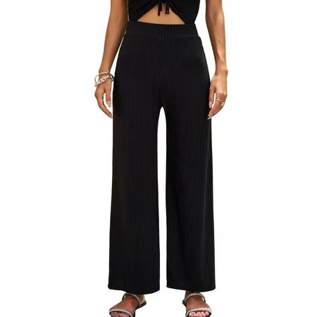 Black Wide Leg Striped Trousers for Women - Casual Pure Color Long Pants with Breathable Fabric and Elasticity | Walmart (US)