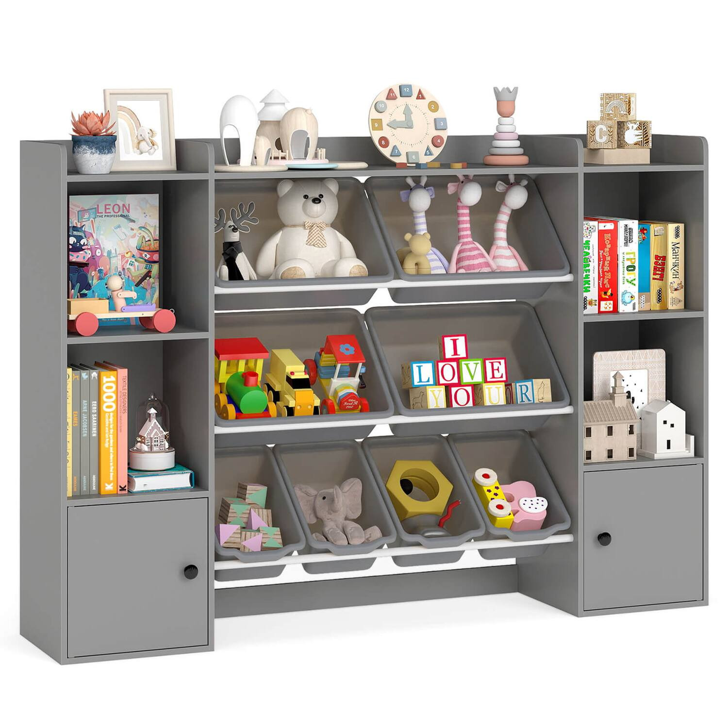 Costway - Kids Toy Storage and Bookshelf with 8 Boxes Open Shelves & 2 Single-door Cabinets - Gray | Best Buy U.S.