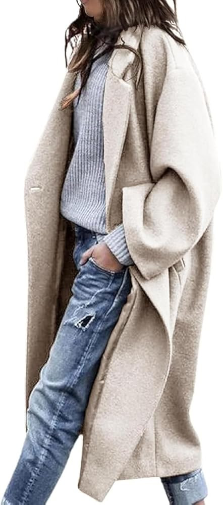 Women's Winter Pea Coat Notch Lapel Single Breasted Oversized Long Casual Wool Blend Overcoat | Amazon (US)
