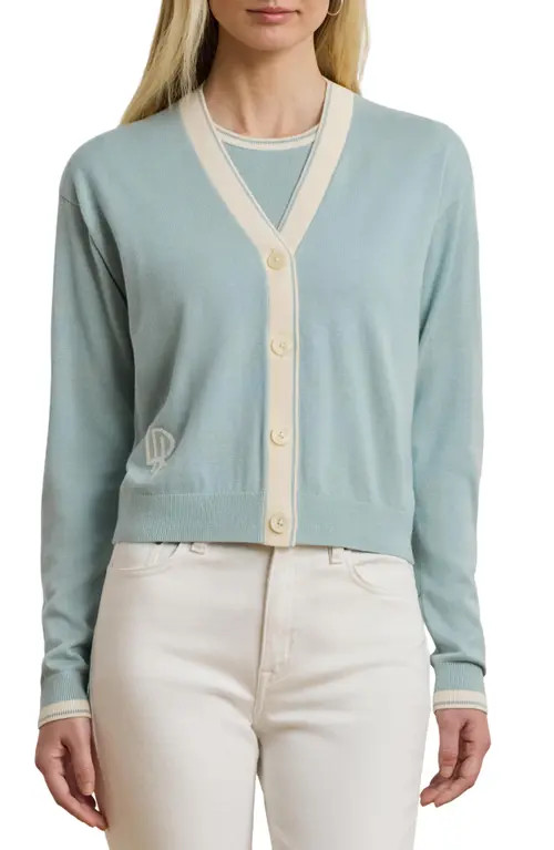 Lauren Ralph Lauren Two-Tone Cotton Blend Cardigan in Aqua Pearl/Mascarpone Cream at Nordstrom, Size X-Small | Nordstrom