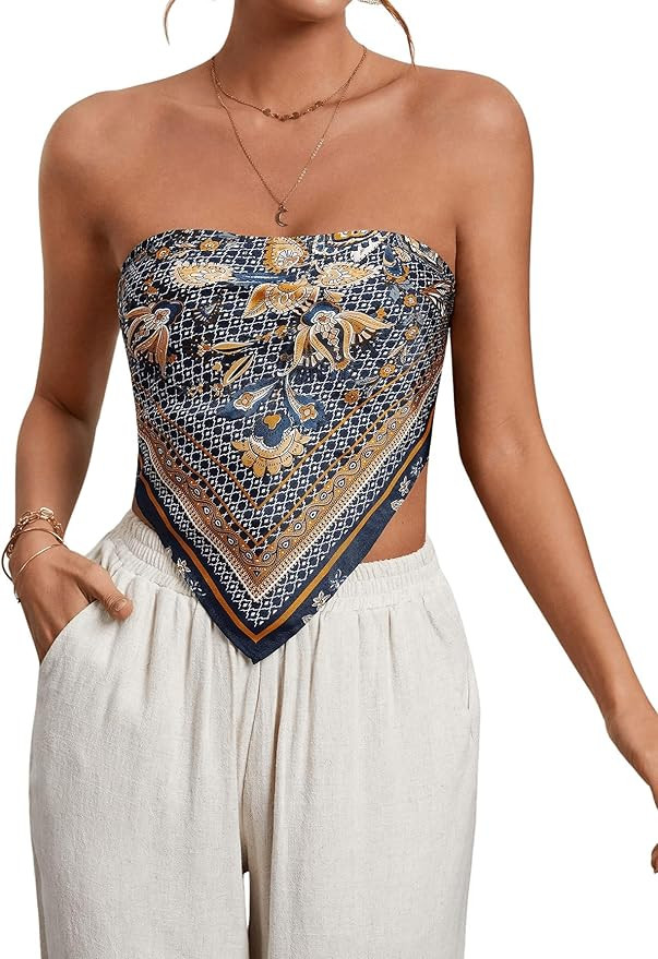 Floerns Women's Graphic Print Tie Back Strapless Bandana Tube Top | Amazon (US)