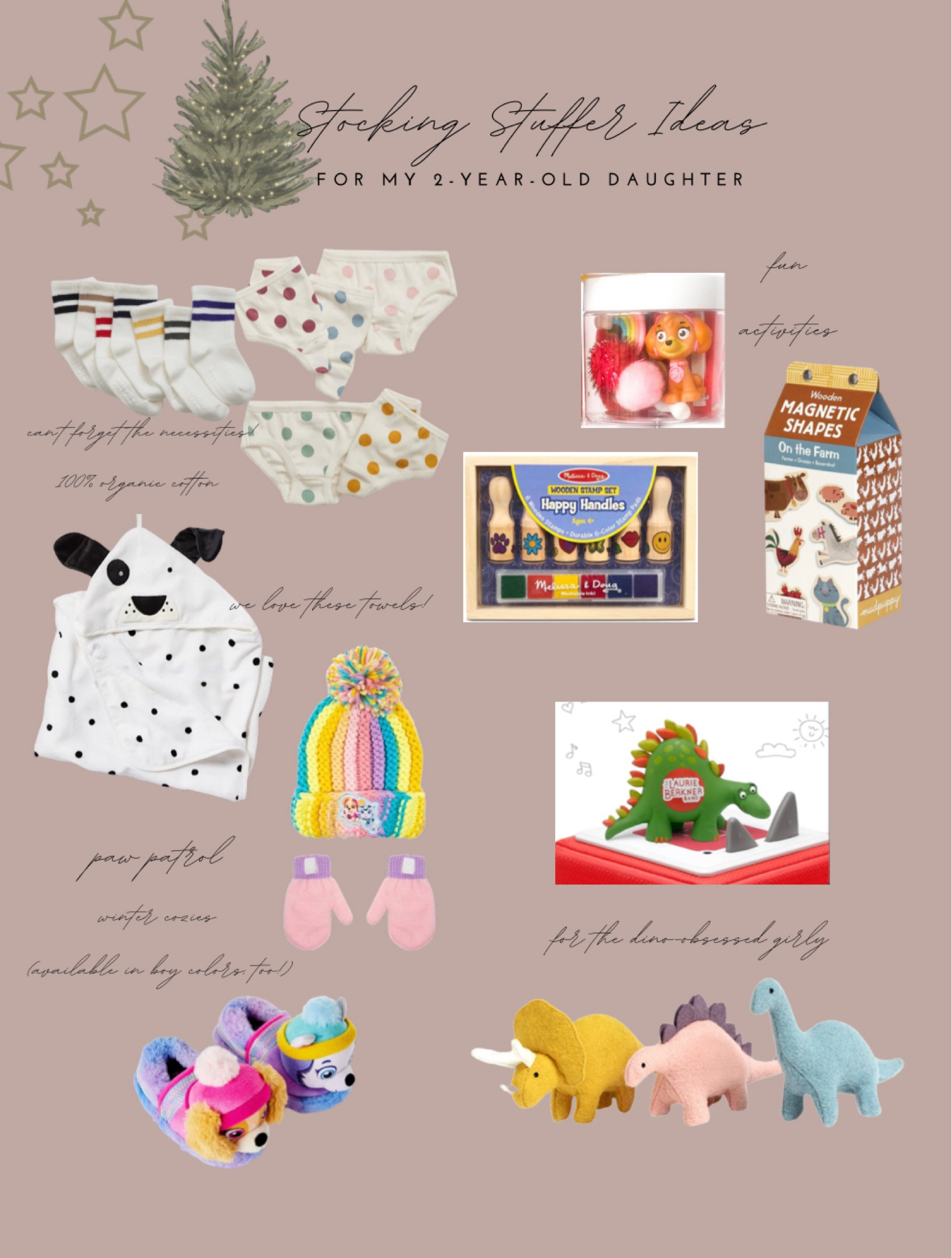 Stocking stuffer ideas for my 2 year old girl! Toddler gift ideas under $25. Dinosaurs, Tonies, paw patrol themed gifts. Magnets. Organic cotton basics. These hooded towels are our favorite at home! Also I think my daughter will love the Montessori style stamper with handle! 

#LTKfindsunder50 #LTKkids #LTKGiftGuide