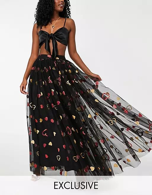 Lace & Beads exclusive statement tulle maxi skirt in black and red heart | ASOS (Global)