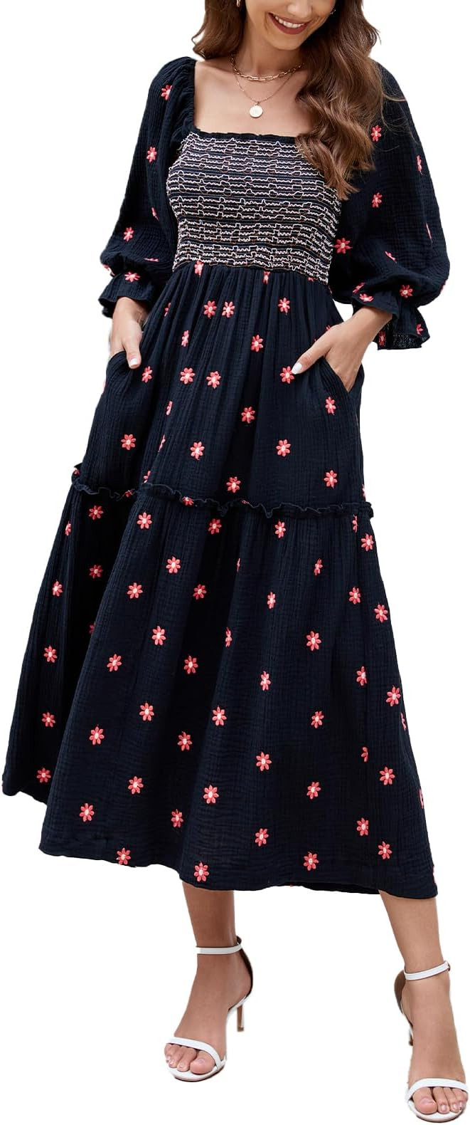 Women Floral Embroidered Fall Dress | Maxi, Long Puff Sleeve, Square Neck, Bohemian Flowy | Amazon (US)