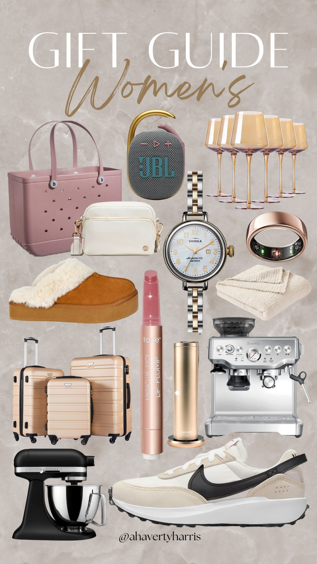 Women's Gift Guide - gifts for her - you, your sister,  your mom, or your best friend. Lots of Amazon finds and more including amber wine glasses, Bogg bag, aura ring, diffuser, slippers, speaker,  lululemon crossbody,  shinola watch,  sneakers, rose gold luggage, and the best tinted lip balm!

#LTKCyberWeek #LTKGiftGuide