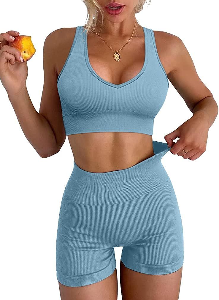 LNSK Women's Yoga 2 Piece Seamless Workout Outfits Running Crop Top Gym High Waist Sport Shorts S... | Amazon (US)