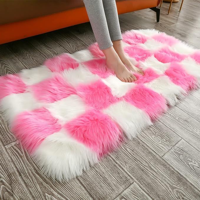 Faux Fur Sheepskin Rug Super Soft Fluffy Plush Checkered Area Rug Bedroom Floor Children's Room S... | Amazon (US)