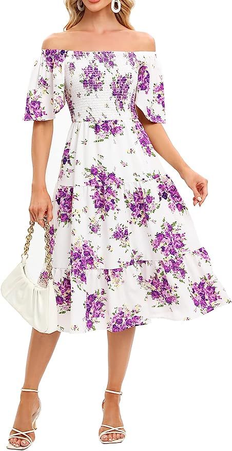 Bbonlinedress Womens Casual Floral Summer Smocked Beach Party Boho Midi Square Neck Dress | Amazon (US)
