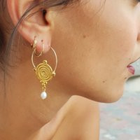 Goddess Dangle Earrings, Handmade Spiral Gold Hoop Natural Pearl Drop Dangling Statement Disc Earrings | Etsy (US)