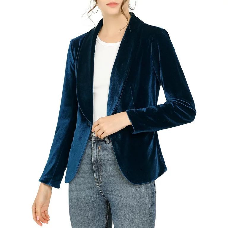 Allegra K Women's Work Shawl Collar Long Sleeve One Button Velvet Blazer - Walmart.com | Walmart (US)