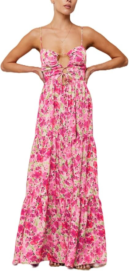 Cute Floral Long Sundresses for Women Boho Smocked Spaghetti Strap Dress Y2k Flowy Beach Ruffle B... | Amazon (US)