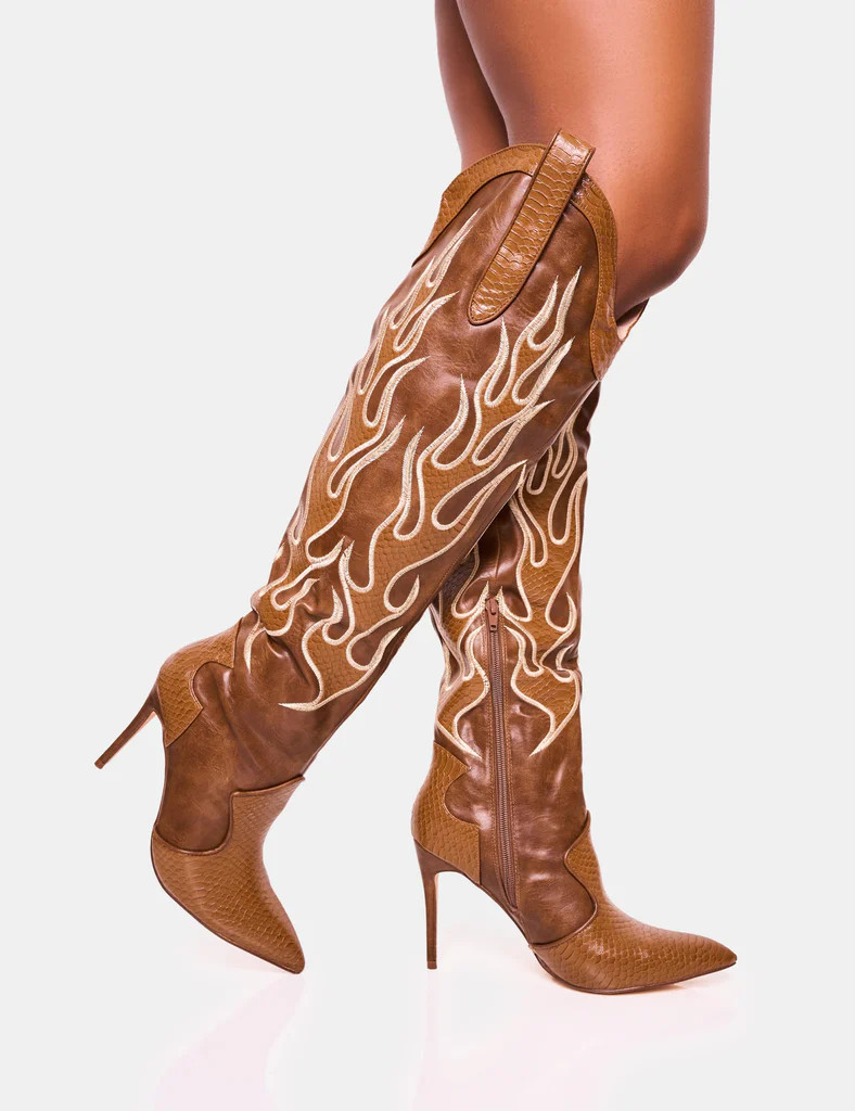 Jacksonville Brown Flame Motif Western Stiletto Heeled Over the Knee Boot | Public Desire (US & CA)