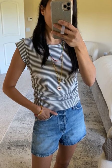 Summer outfit. Elevated Tshirt. Elevated tee. Side ruching gives nice shape. True to size or size up if on between. 
Denim shorts. Linking some favorites. 
Necklaces code Naomi20 to save. 


#LTKOver40 #LTKSaleAlert #LTKFindsUnder100
