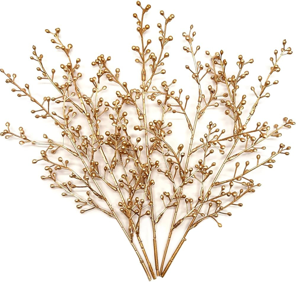 Artificial Golden Berry Stem Decor, Faux Glitter Flowers Stems Branches Plants Fake Berries Stick... | Amazon (US)