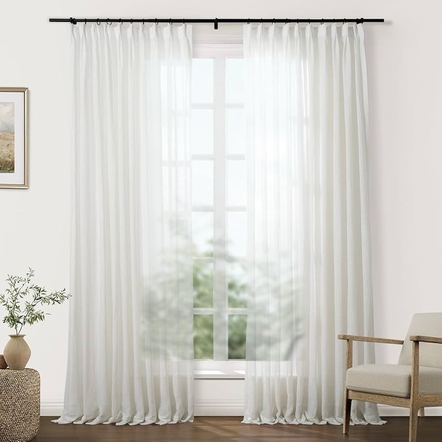 TWOPAGES Natural Linen Textured Sheer Curtains 102 Inches Long Pinch Pleat Drapes for Living Room... | Amazon (US)