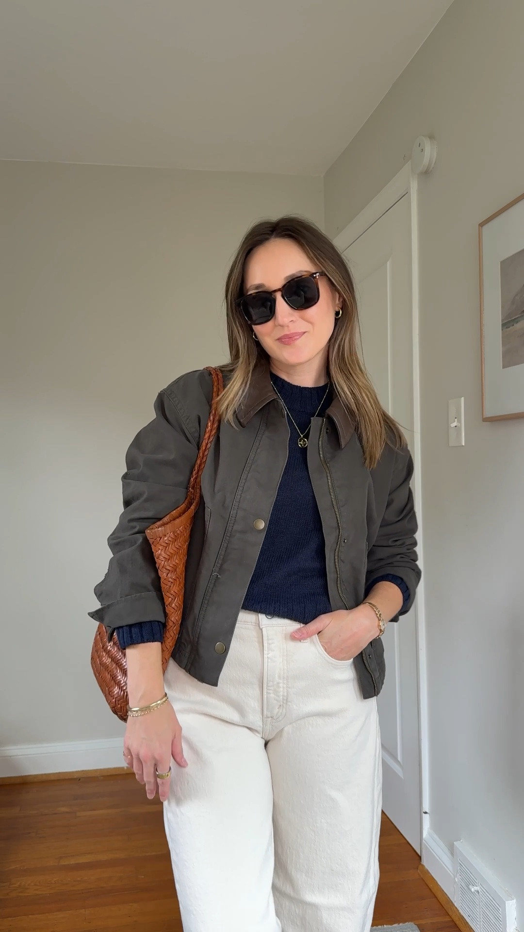 Wearing small in top, sweater, and barn jacket. XS gingham pants. 26 regular jeans.